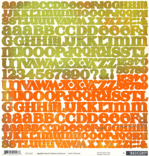 Basic Grey Aged&Confused Sublime Letter Stickers 12x12 - full double alphabet in bright orange and olive chartreuse green woodgrain letters