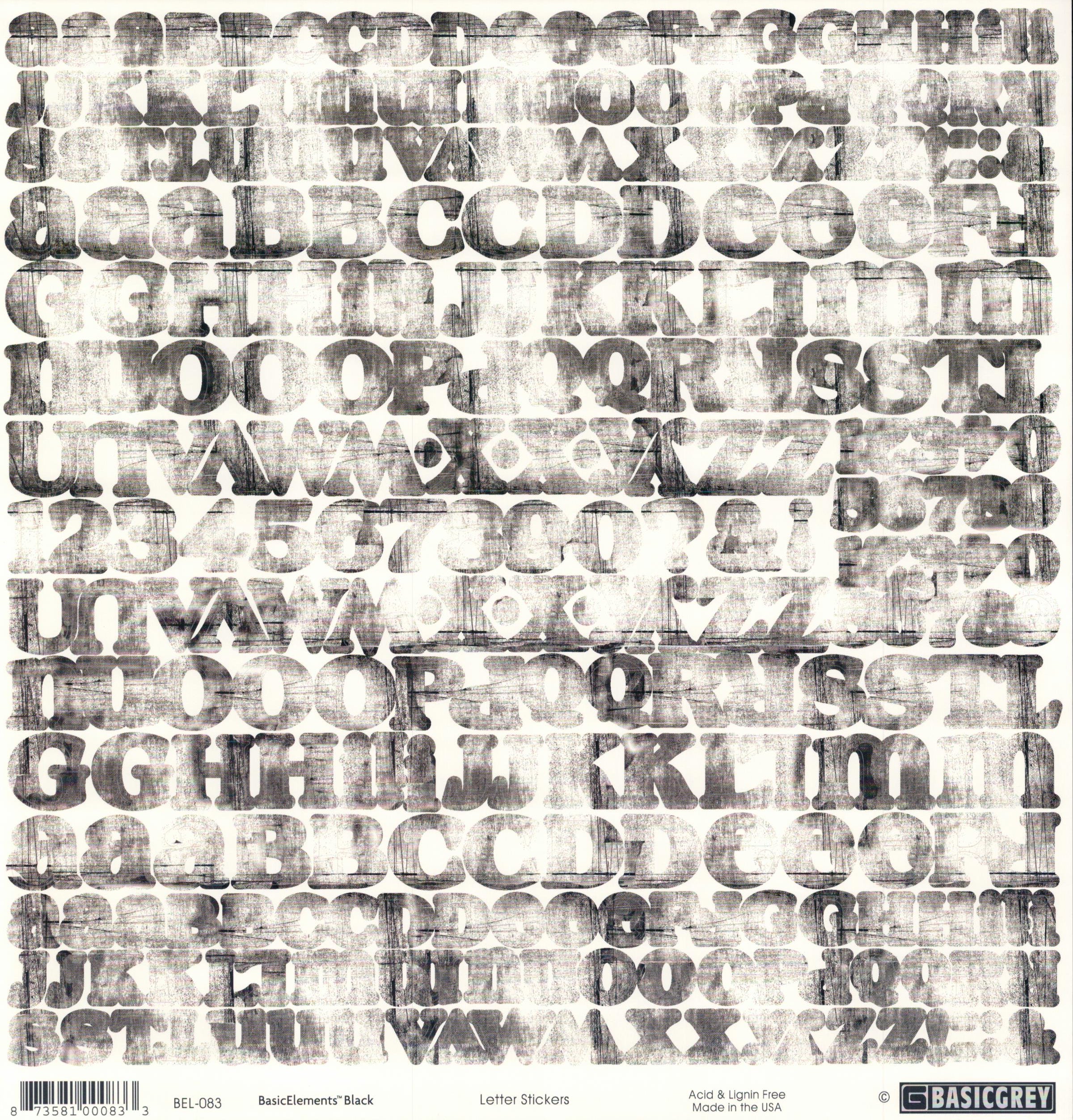 Basic Grey BasicElements Black Letter Stickers 12x12 - full double alphabet in heavily distressed black charcoal letterpress-style letters on white