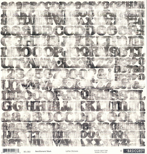 Basic Grey BasicElements Black Letter Stickers 12x12 - full double alphabet in heavily distressed black charcoal letterpress-style letters on white