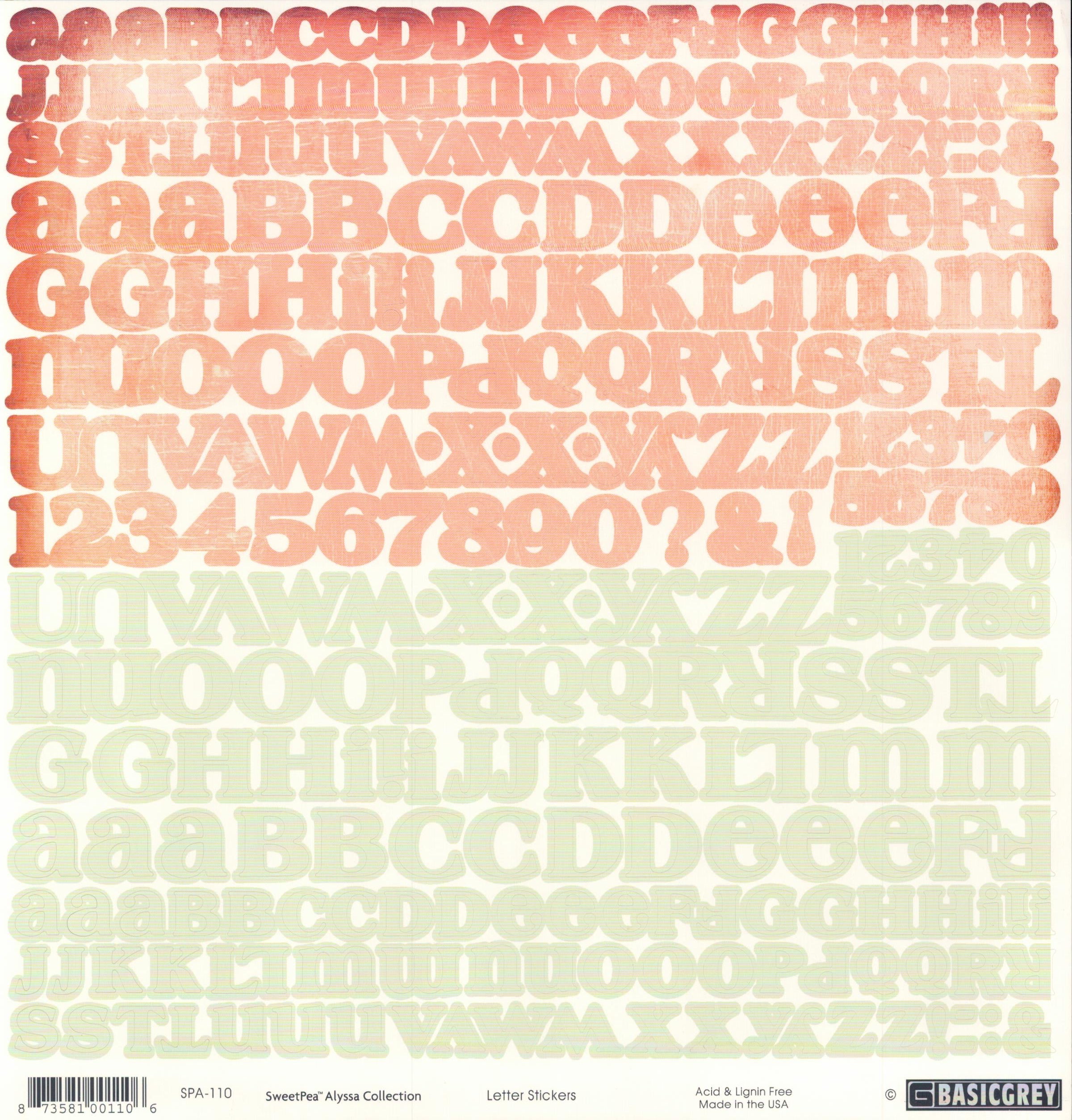 Basic Grey SweetPea Alyssa Letter Stickers 12x12 - full double alphabet in soft sage green and peachy coral linen-textured letters