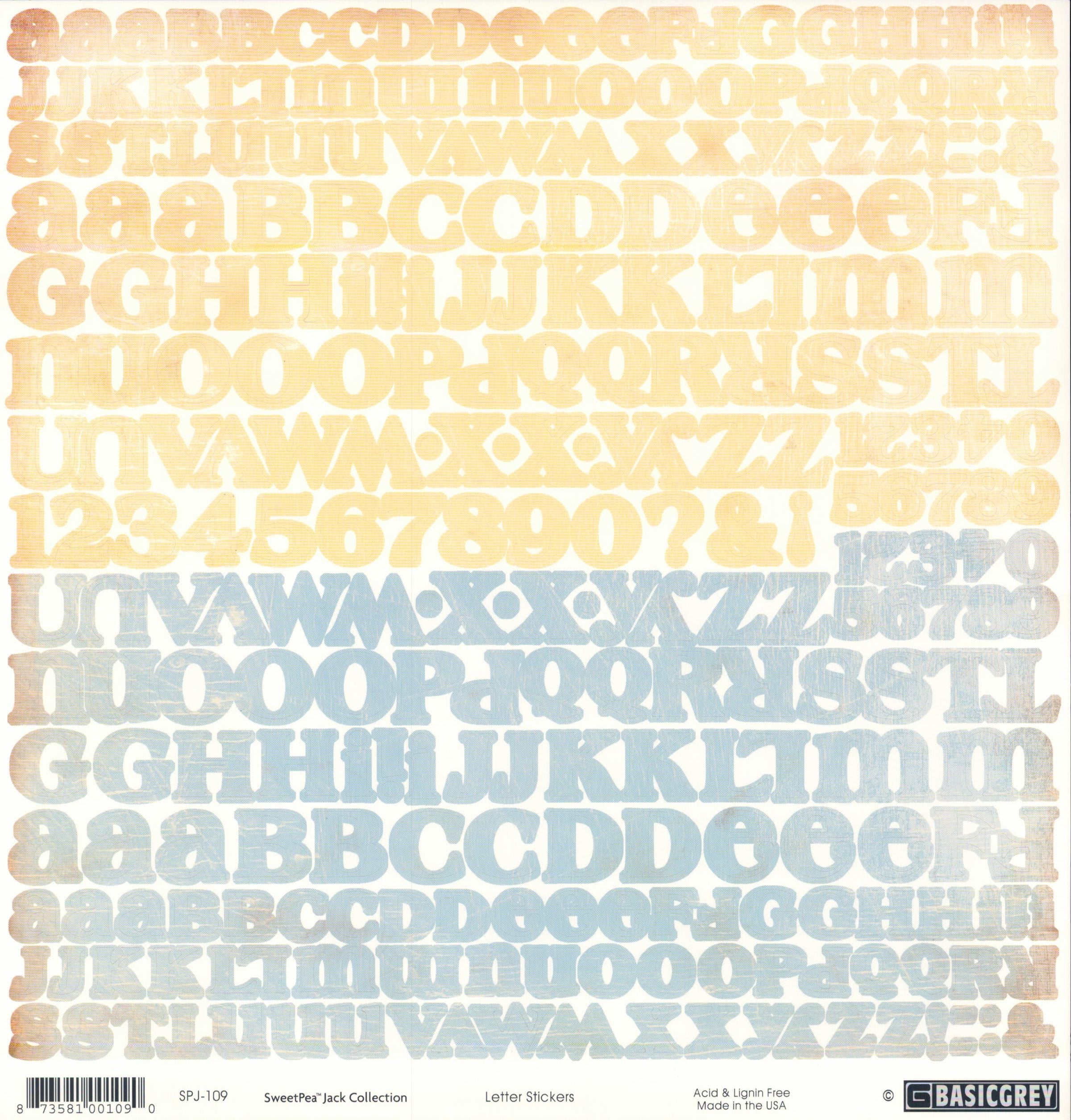 Basic Grey SweetPea Jack Letter Stickers 12x12 - full double alphabet in soft powder blue and butter yellow linen-textured letters