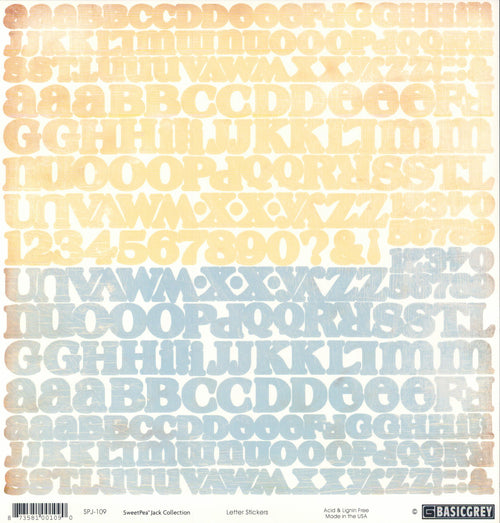 Basic Grey SweetPea Jack Letter Stickers 12x12 - full double alphabet in soft powder blue and butter yellow linen-textured letters