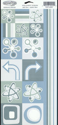 Sassafras Lass Retro-spective Elements cardstock sticker sheet with atomic molecular icons, arrows and geometric shapes in blue, grey and white