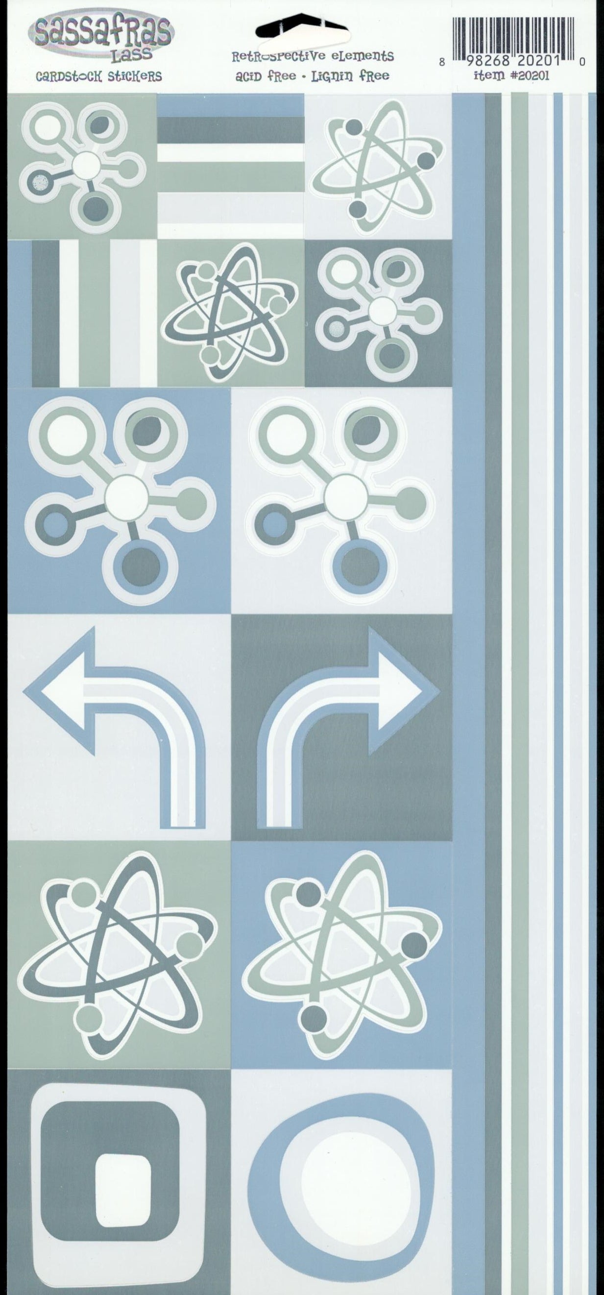 Sassafras Lass Retro-spective Elements cardstock sticker sheet with atomic molecular icons, arrows and geometric shapes in blue, grey and white
