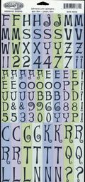 Sassafras Lass Lavender Love Alphabet cardstock sticker sheet with whimsical navy letters and numbers on lavender, sage green and periwinkle blue backgrounds