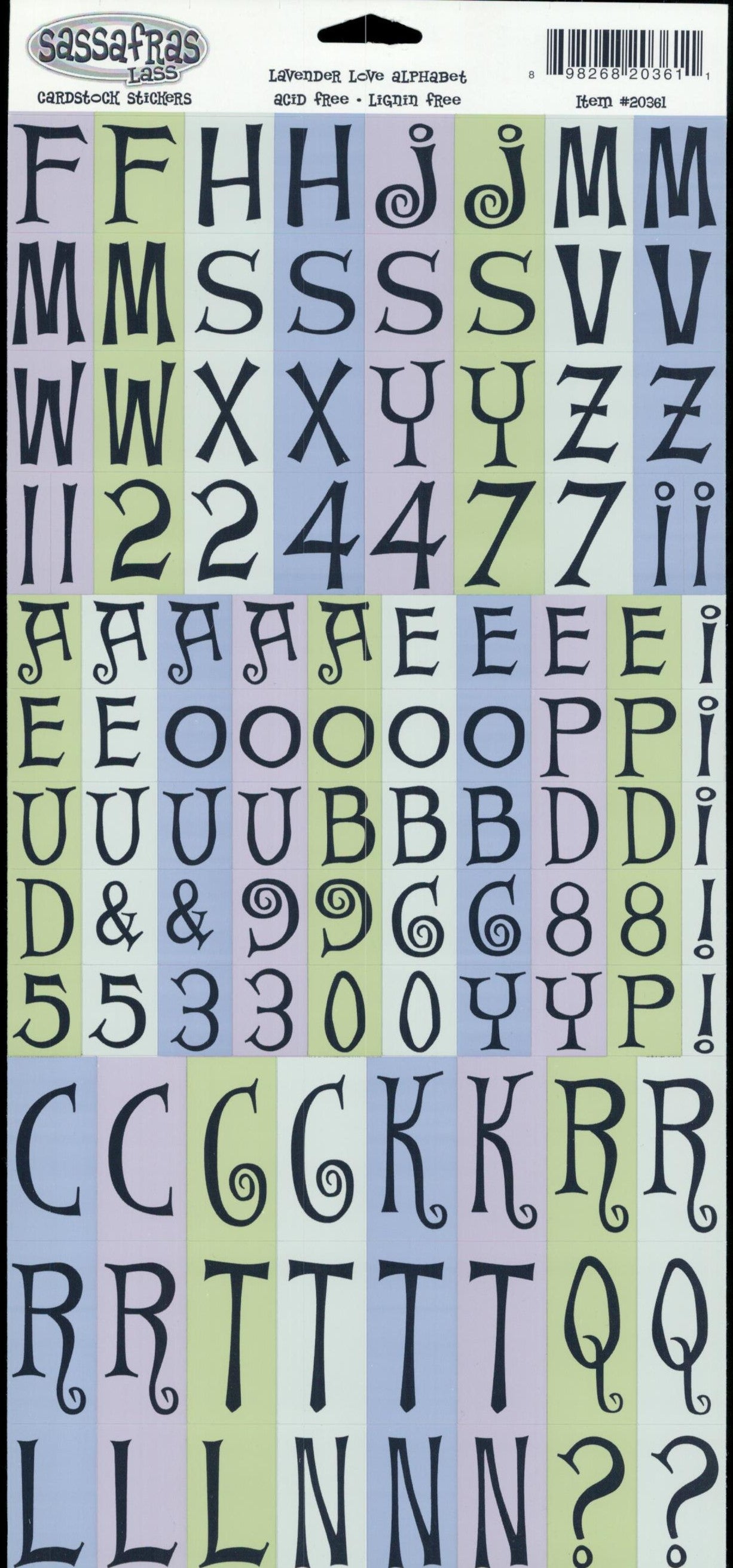 Sassafras Lass Lavender Love Alphabet cardstock sticker sheet with whimsical navy letters and numbers on lavender, sage green and periwinkle blue backgrounds