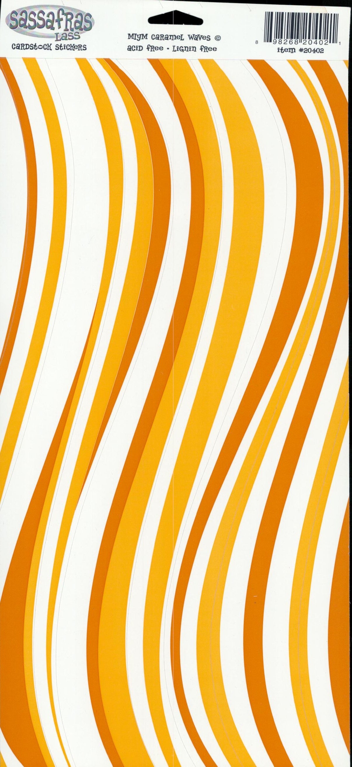 Sassafras Lass MiyM Caramel Waves cardstock sticker sheet with flowing vertical waves in golden yellow, amber and burnt orange on white