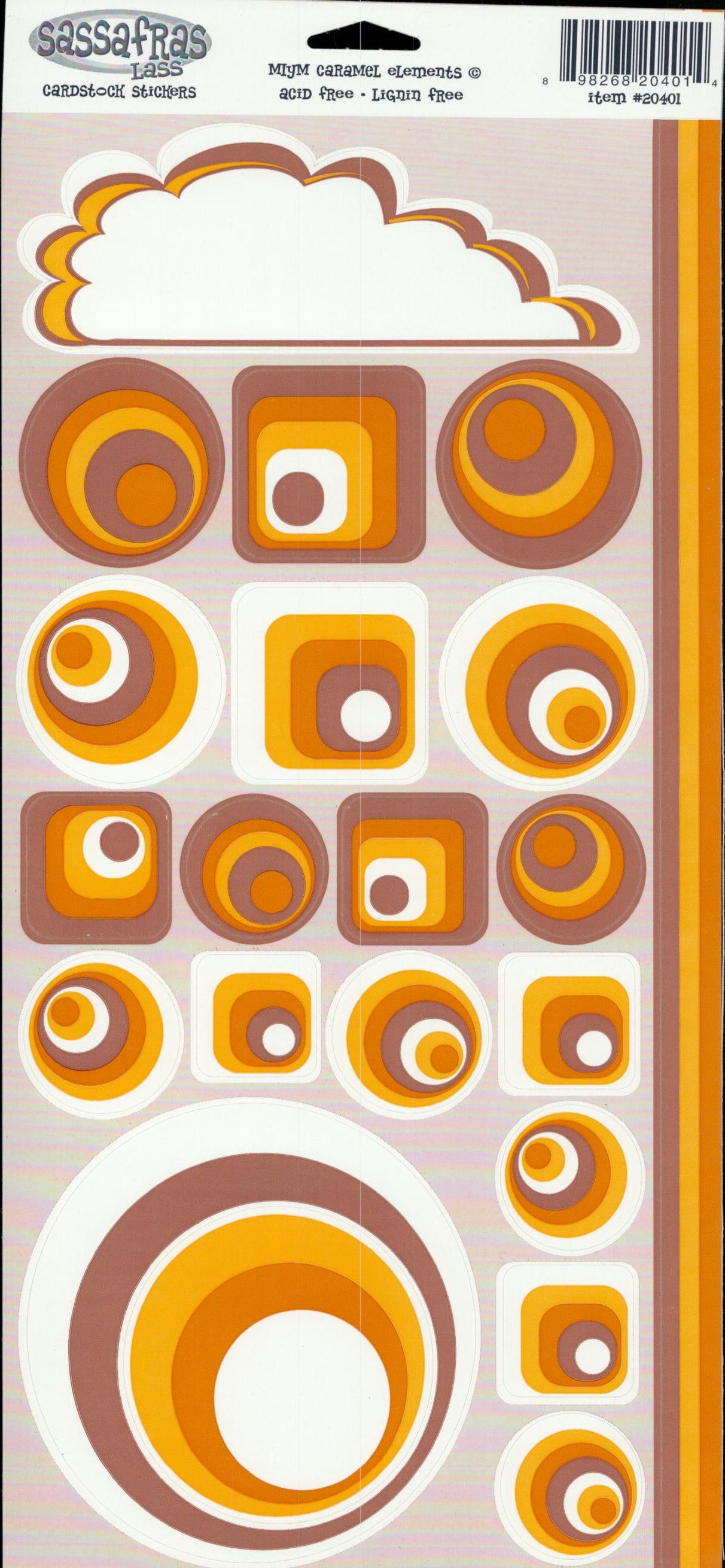 Sassafras Lass MiyM Caramel Elements cardstock sticker sheet with concentric circle and square target stickers in golden yellow, warm brown and white plus cloud shape