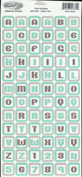 Sassafras Lass Mint Alphabet cardstock sticker sheet with uppercase and lowercase letters and numbers in mint green and grey rounded square tiles