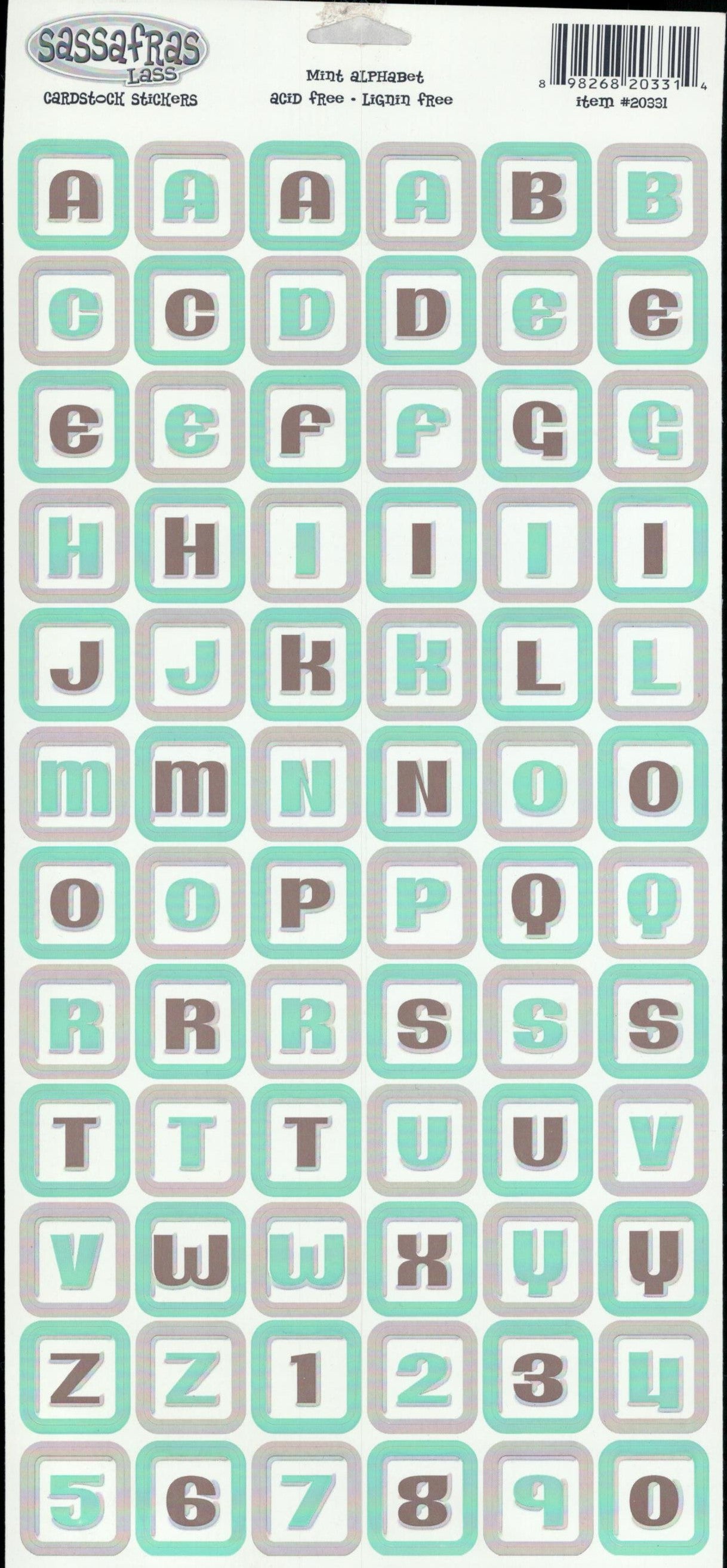 Sassafras Lass Mint Alphabet cardstock sticker sheet with uppercase and lowercase letters and numbers in mint green and grey rounded square tiles