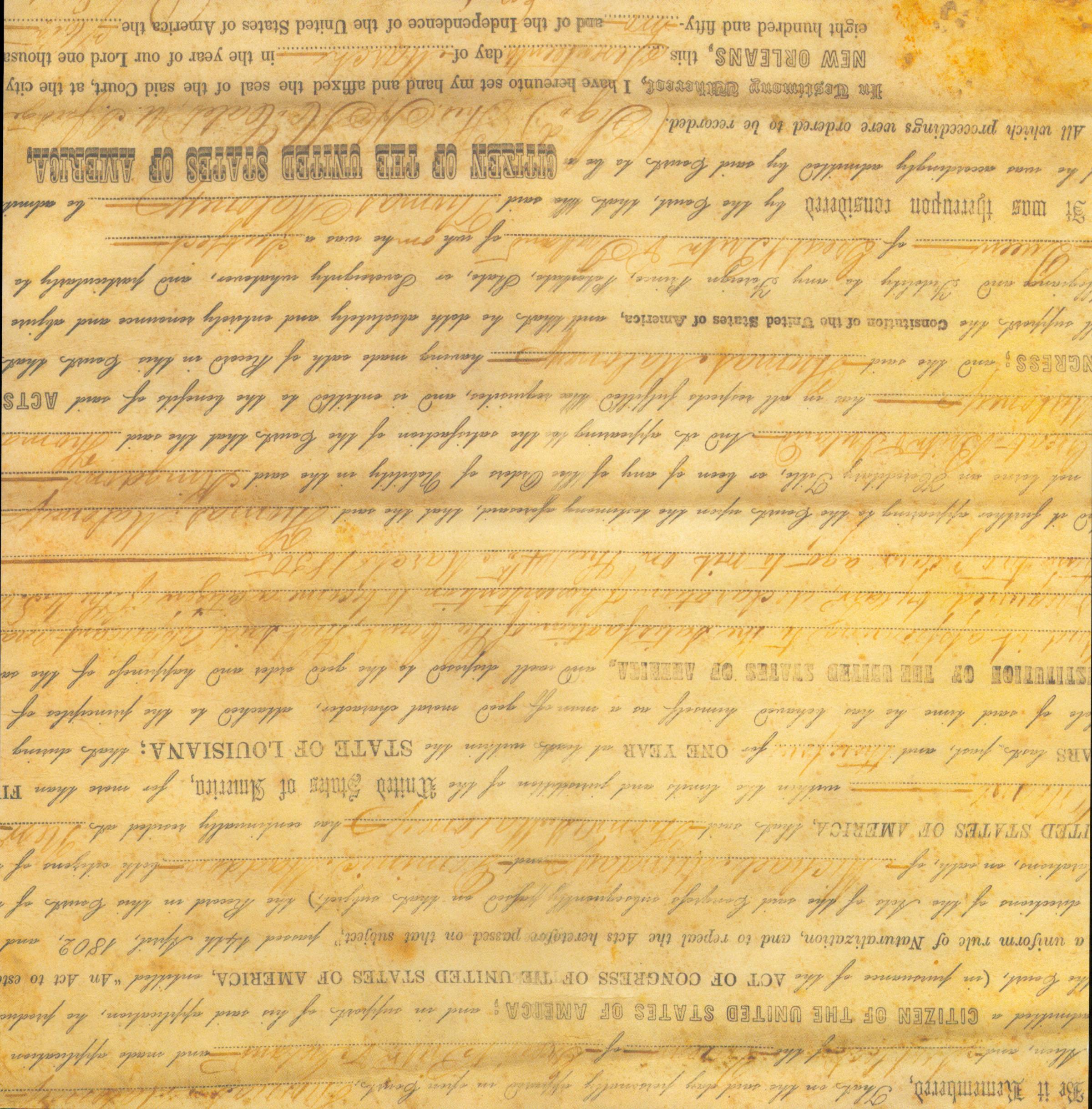 K&Company LJ State of Louisiana 12x12 scrapbook paper with aged naturalization certificate handwritten cursive script on golden parchment