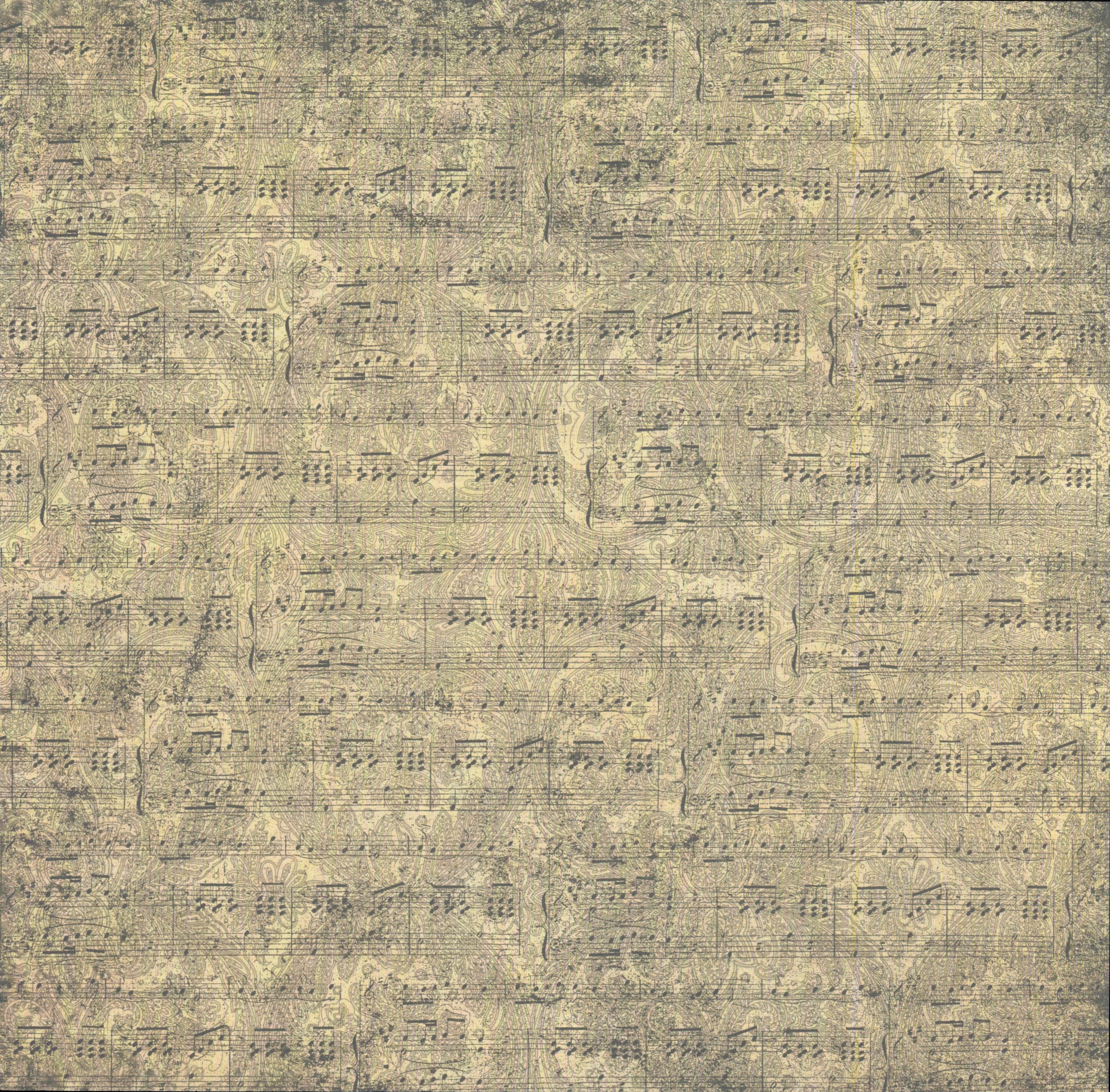 The Paper Studio Music on Damask 12x12 scrapbook paper with vintage sheet music notation over swirling damask in antique gold and grey-green
