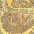 K&Company LJ Town Center Map 12x12 scrapbook paper with full-color antique bird's-eye view city map in golden amber, green and orange