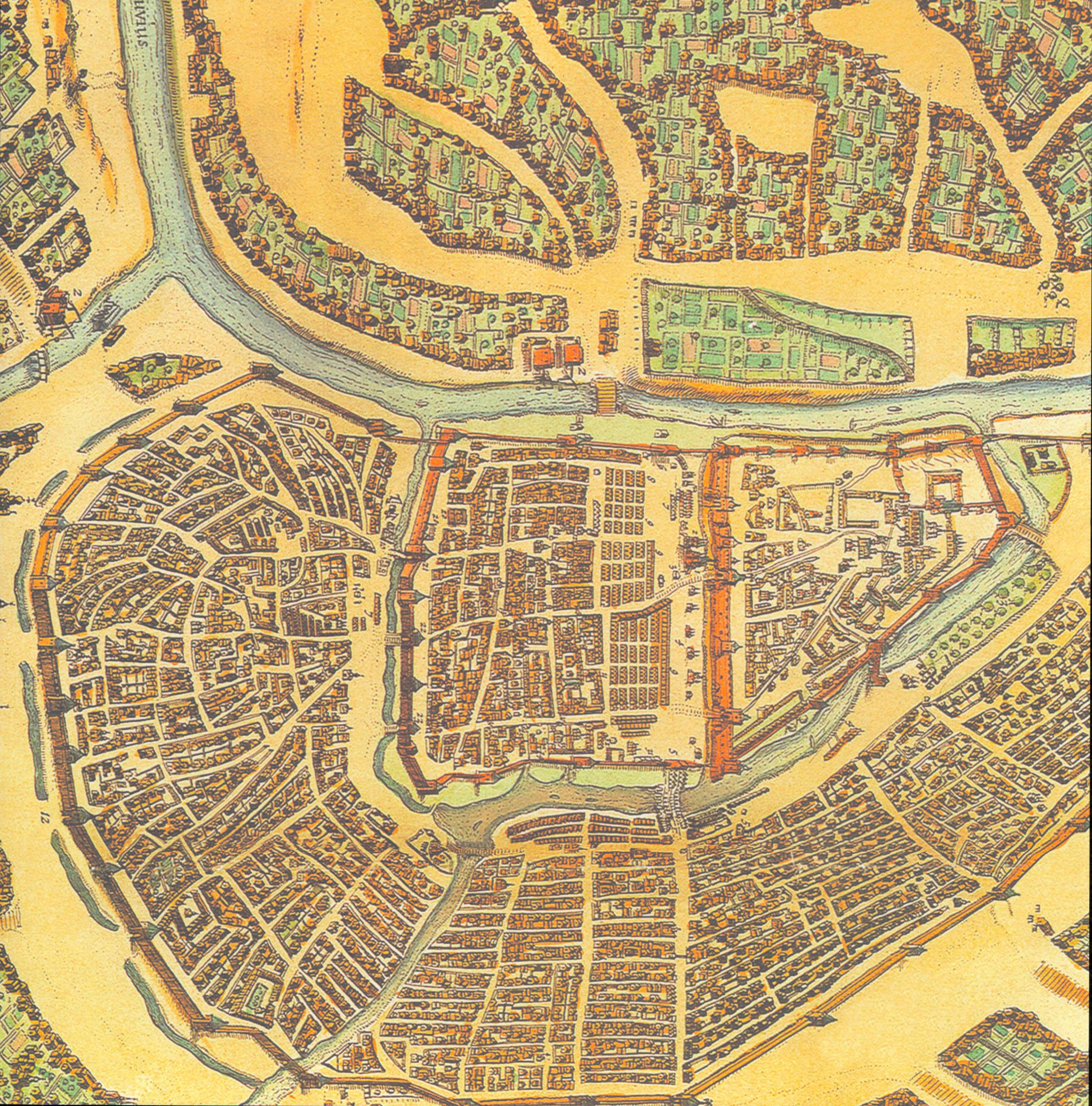 K&Company LJ Town Center Map 12x12 scrapbook paper with full-color antique bird's-eye view city map in golden amber, green and orange