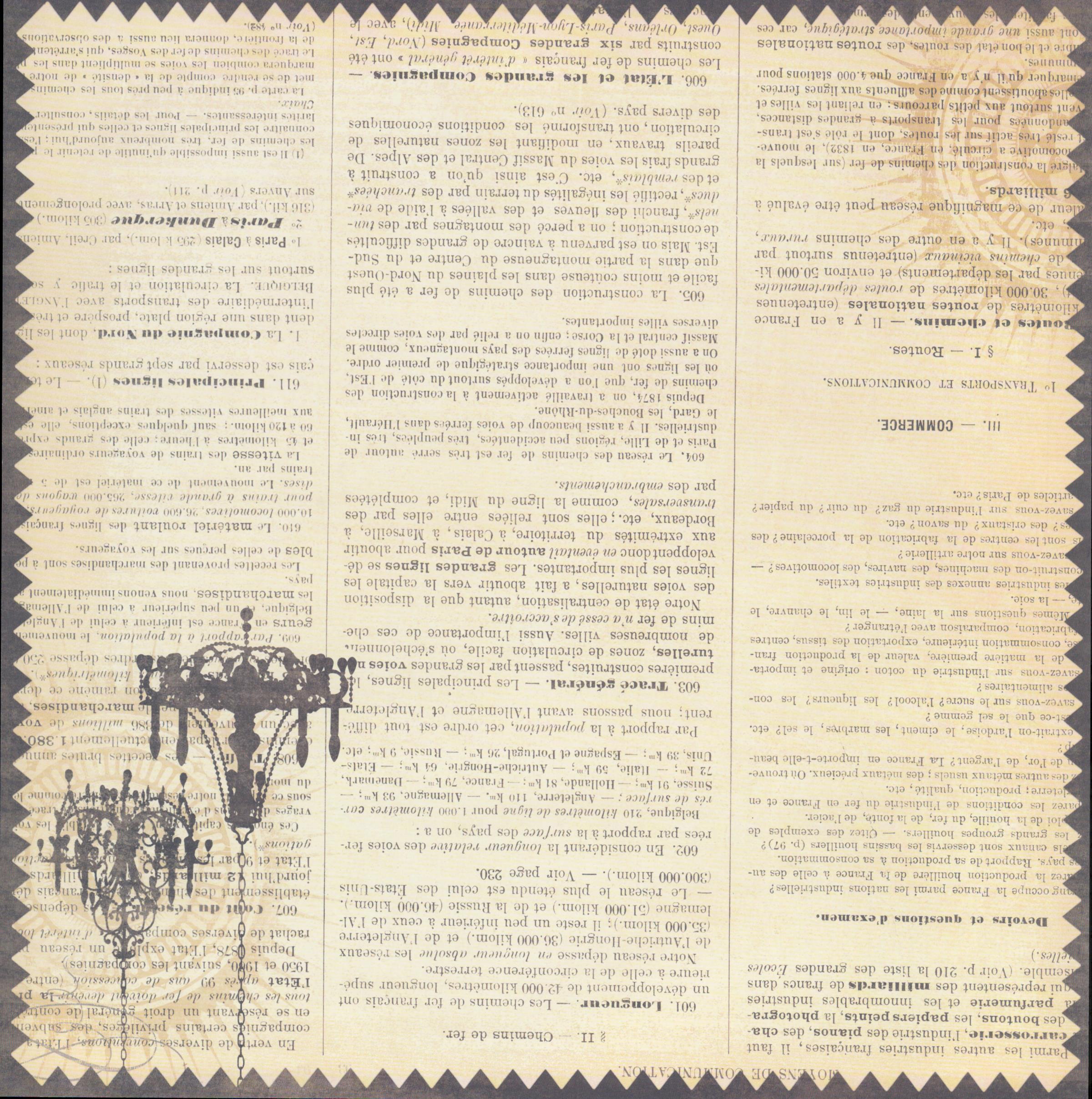 The Paper Studio Vintage French Newspaper with Chandelier 12x12 scrapbook paper with dense French encyclopedia text and dramatic black chandelier silhouette on aged parchment