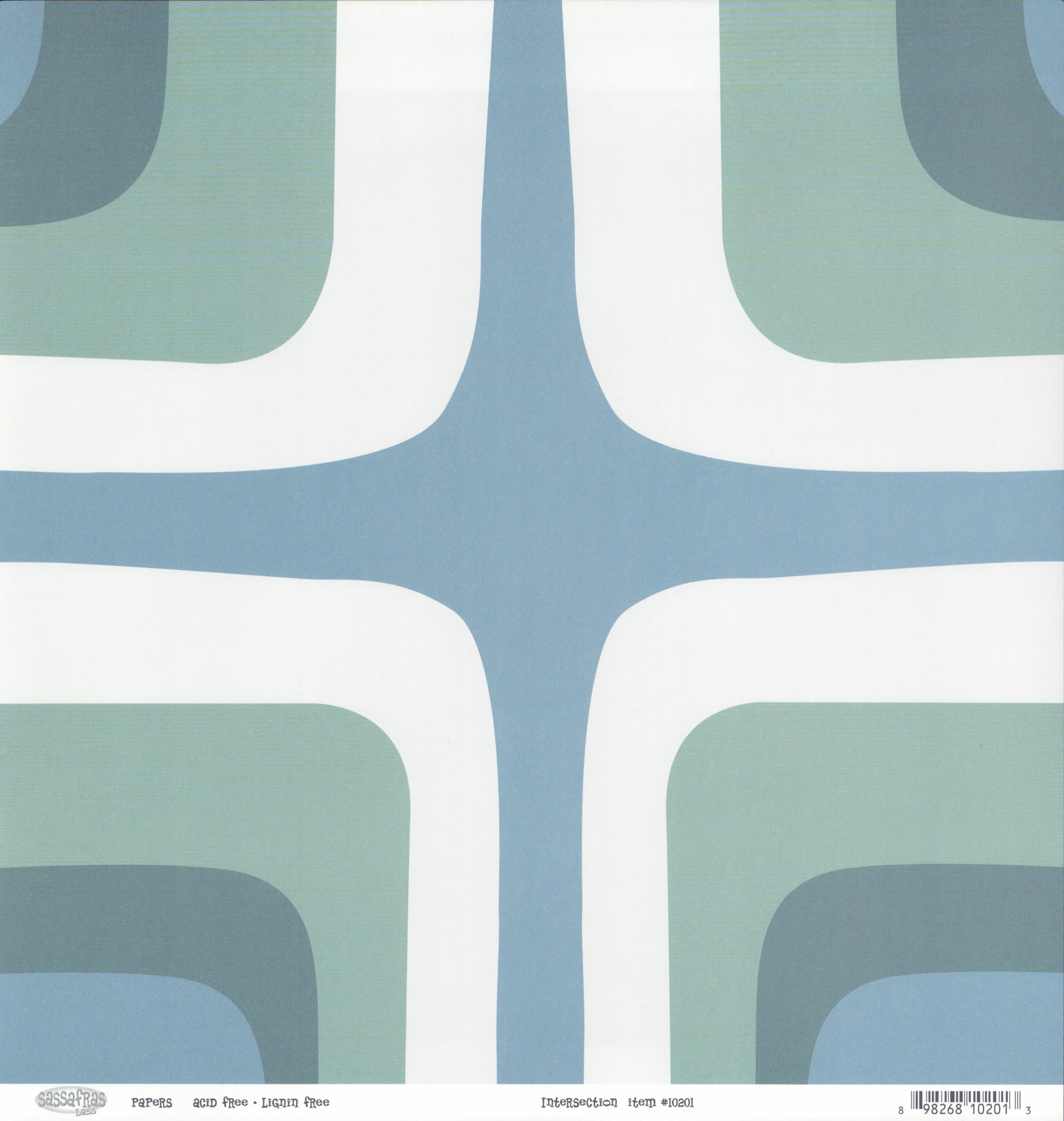 Sassafras Lass Intersection cardstock with large-scale interlocking rounded cross shapes in sage green, dusty blue and white