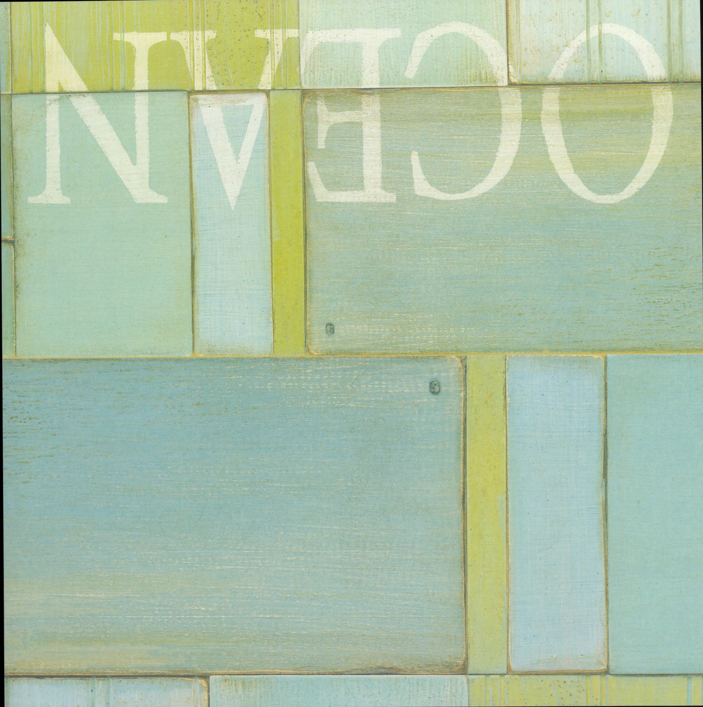 Craft Smith Jet Set Joy - Side B: distressed painted wooden boards in seafoam and lime with large white OCEAN typography