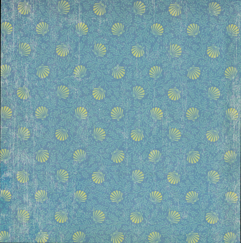 Craft Smith Jet Set Joy - Side B: teal blue distressed background with chartreuse scallop shells and seaweed vines