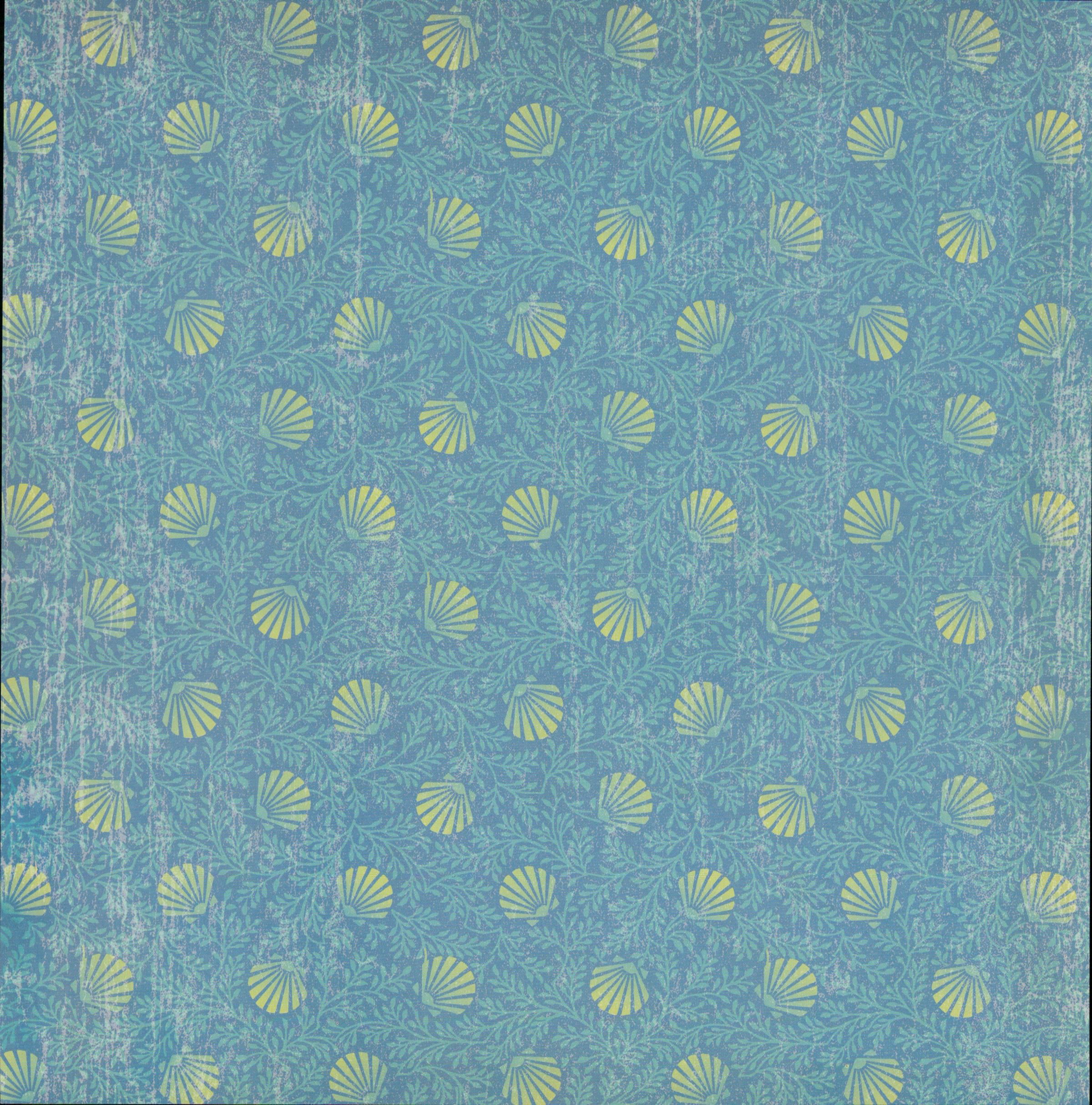 Craft Smith Jet Set Joy - Side B: teal blue distressed background with chartreuse scallop shells and seaweed vines