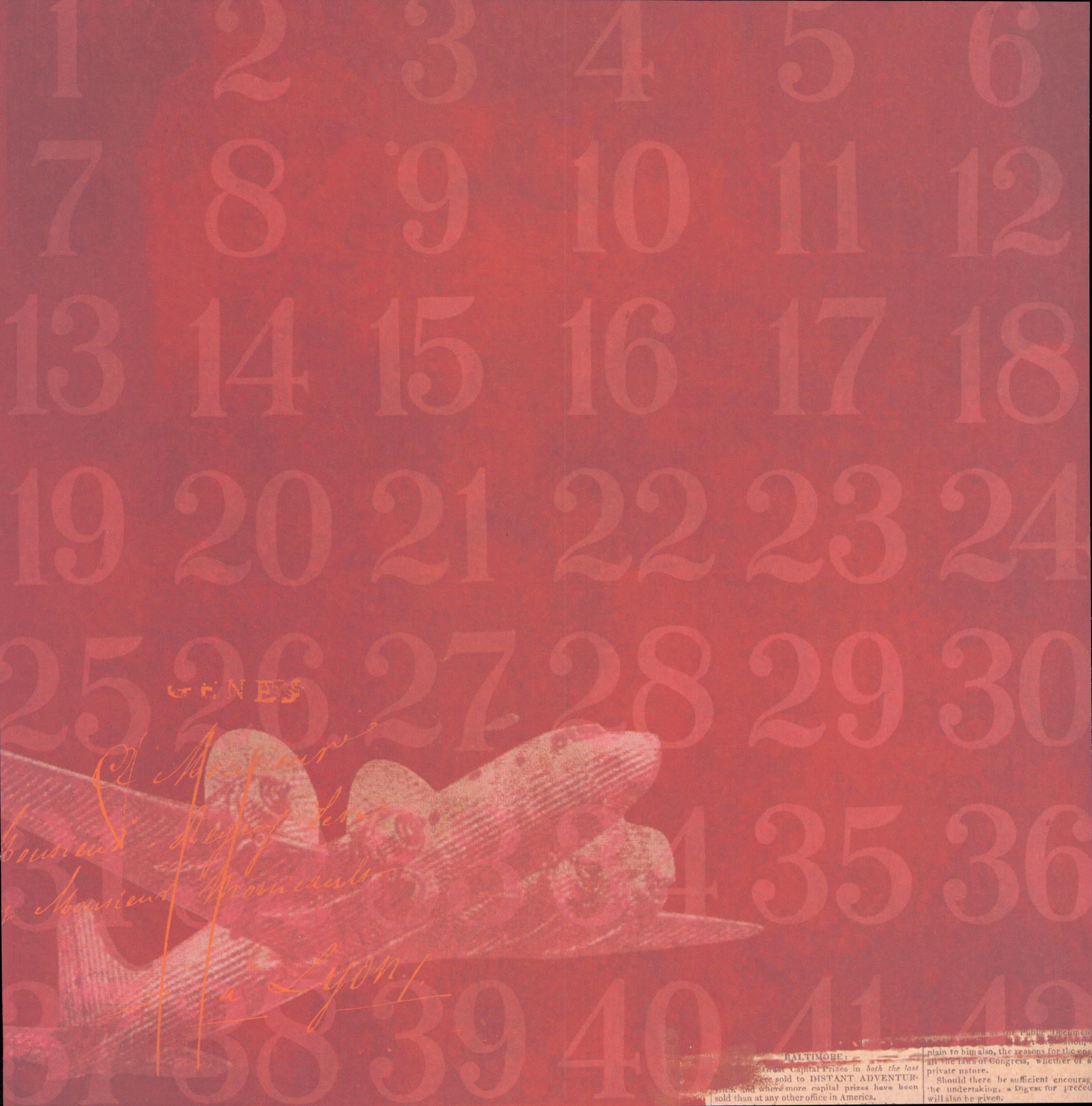 Craft Smith Jet Set Joy Vintage Plane 12x12 Cardstock - deep red with numbered grid and propeller airplane