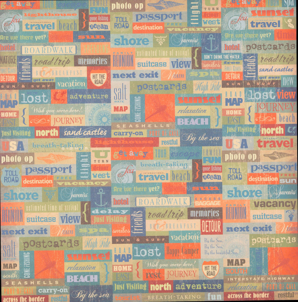 Craft Smith Jet Set Joy - Side B: colorful subway-art travel word collage in teal, rust, orange, gold, and cream