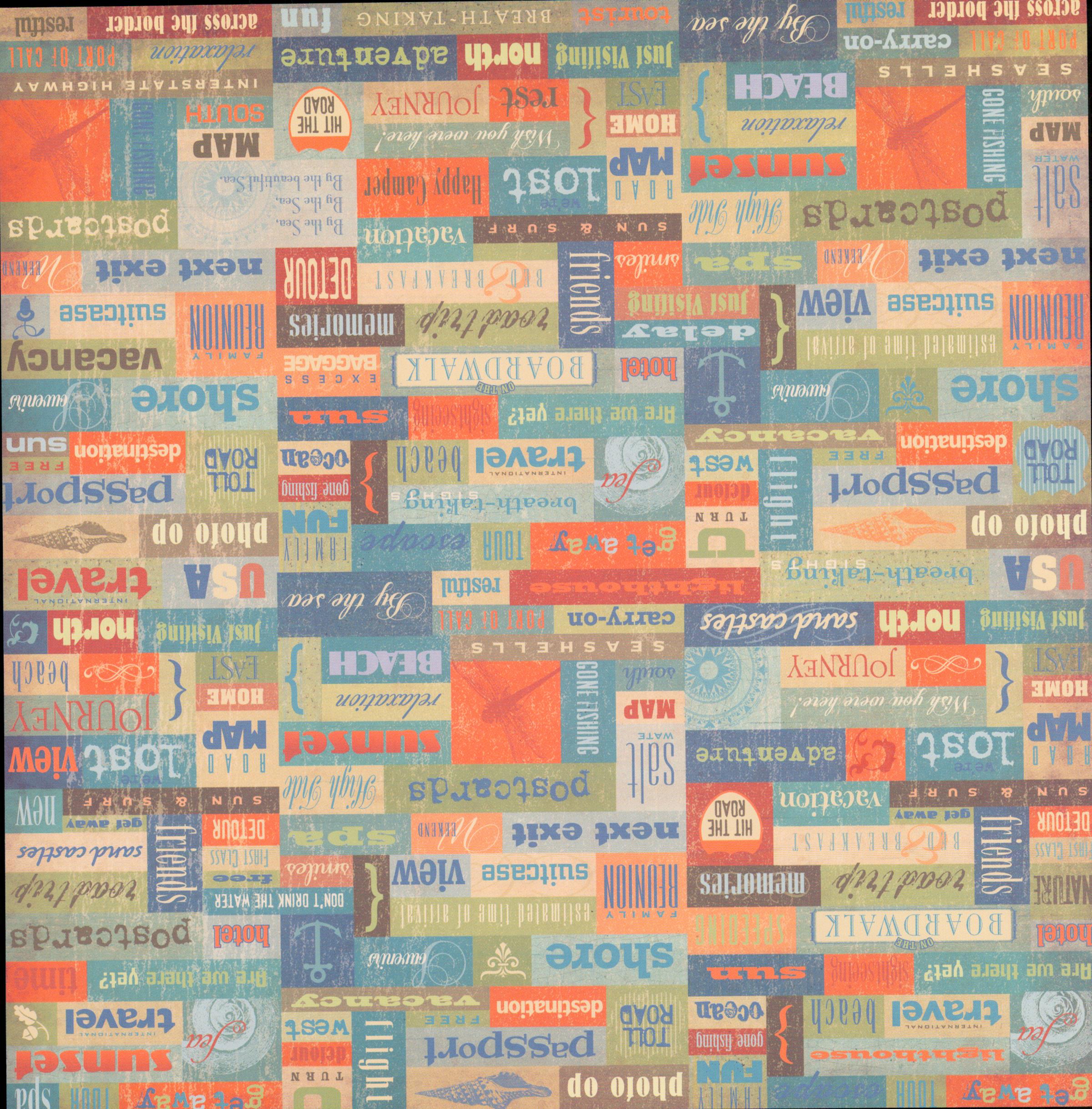 Craft Smith Jet Set Joy - Side B: colorful subway-art travel word collage in teal, rust, orange, gold, and cream