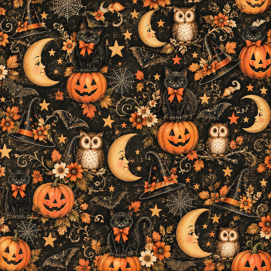 A seamless Halloween pattern featuring black cats in witch hats, carved pumpkins, crescent moons, owls, bats, spiderwebs, and autumn leaves on a dark background.