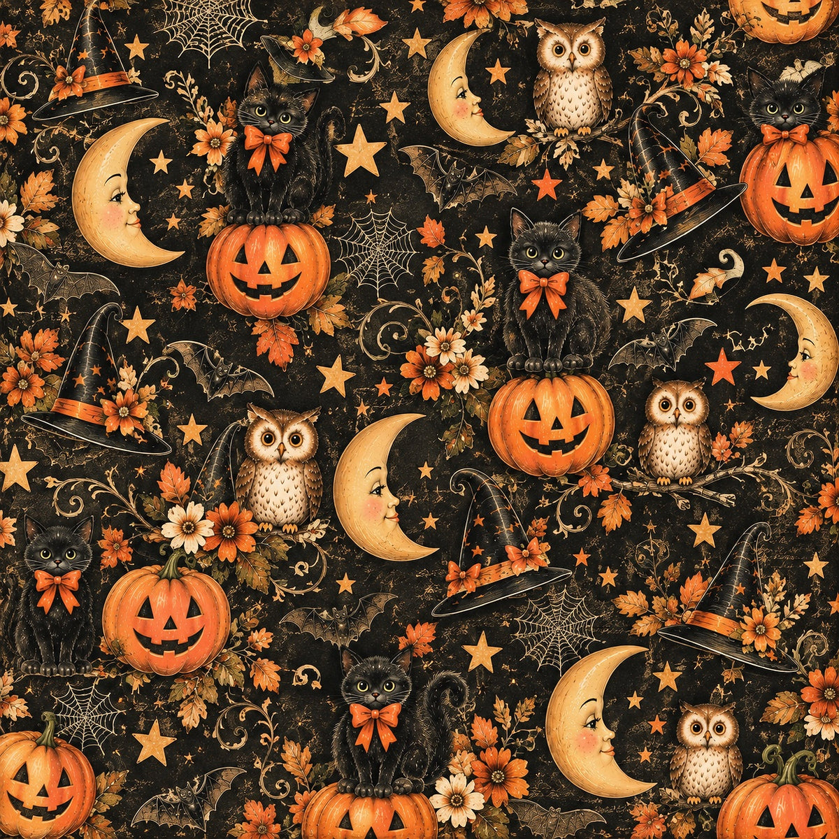 A seamless Halloween pattern featuring black cats in witch hats, carved pumpkins, crescent moons, owls, bats, spiderwebs, and autumn leaves on a dark background.
