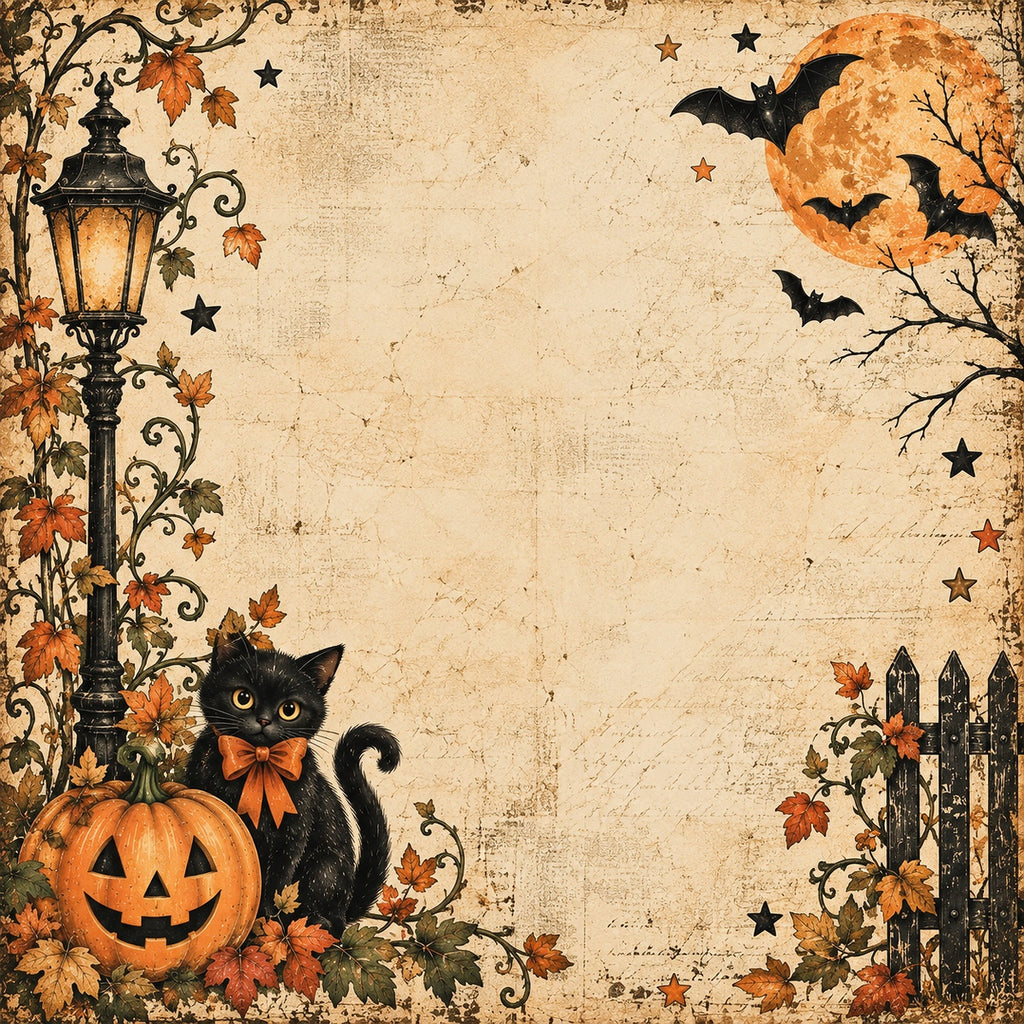 Halloween-themed decorative illustration with a black cat wearing an orange bow tie beside a carved pumpkin, autumn leaves, a vintage street lamp, bats, stars, and a full moon on a textured beige background.