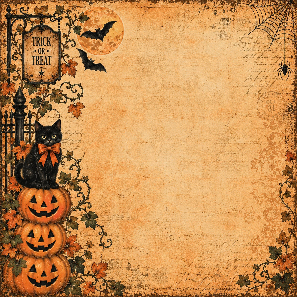Halloween-themed decorative graphic with a black cat sitting on stacked jack-o'-lantern pumpkins, a hanging 'Trick or Treat' sign, bats, a spider, autumn leaves, and an aged parchment-style background with blank space on the right.