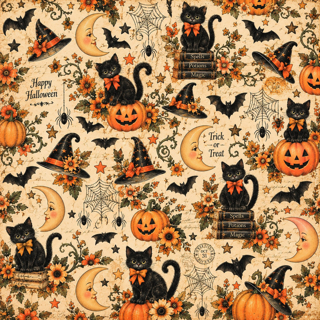 A repeating Halloween-themed pattern on a warm cream background, featuring black cats, witch hats, bats, pumpkins, flowers, spiderwebs, crescent moons, stars, and decorative text including 'Happy Halloween' and 'Trick or Treat'.
