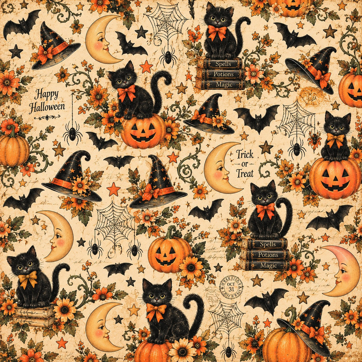 A repeating Halloween-themed pattern on a warm cream background, featuring black cats, witch hats, bats, pumpkins, flowers, spiderwebs, crescent moons, stars, and decorative text including 'Happy Halloween' and 'Trick or Treat'.