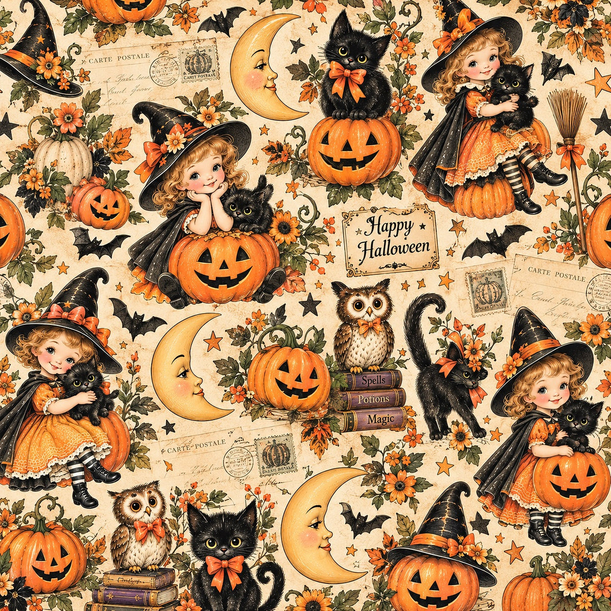 A repeating vintage Halloween pattern on a cream background, featuring illustrated children in witch hats holding black cats, jack-o'-lantern pumpkins, crescent moons, owls, bats, brooms, stars, and postmarks with 'Happy Halloween' text.