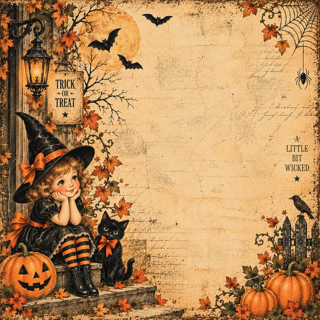 Vintage-style Halloween illustration with a young girl in a witch hat and black dress beside a black cat, surrounded by pumpkins, autumn leaves, bats, a spider, and spooky decorative text on a parchment-like background.