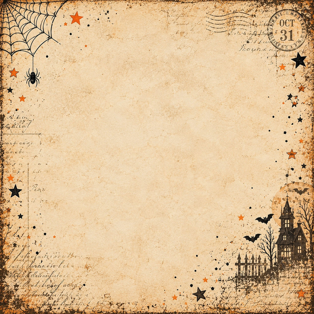 Halloween-themed vintage-style background with an aged beige parchment texture, black spiderweb and spider illustrations, orange stars, black bats, a haunted house silhouette, and a circular 'OCT 31' stamp in the top right corner.