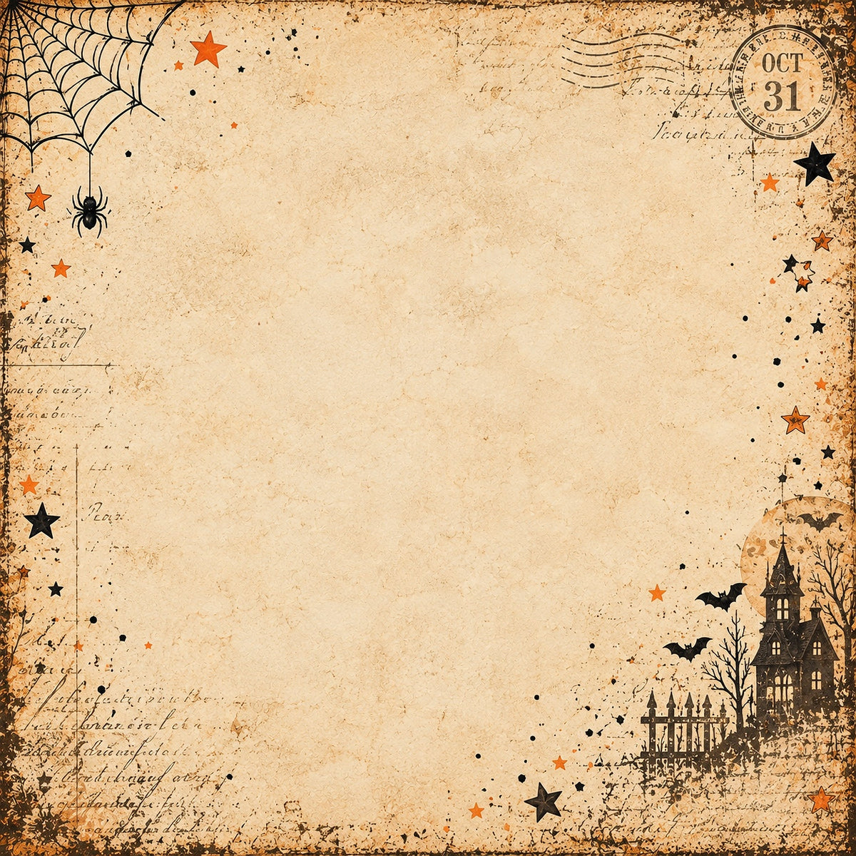 Halloween-themed vintage-style background with an aged beige parchment texture, black spiderweb and spider illustrations, orange stars, black bats, a haunted house silhouette, and a circular 'OCT 31' stamp in the top right corner.