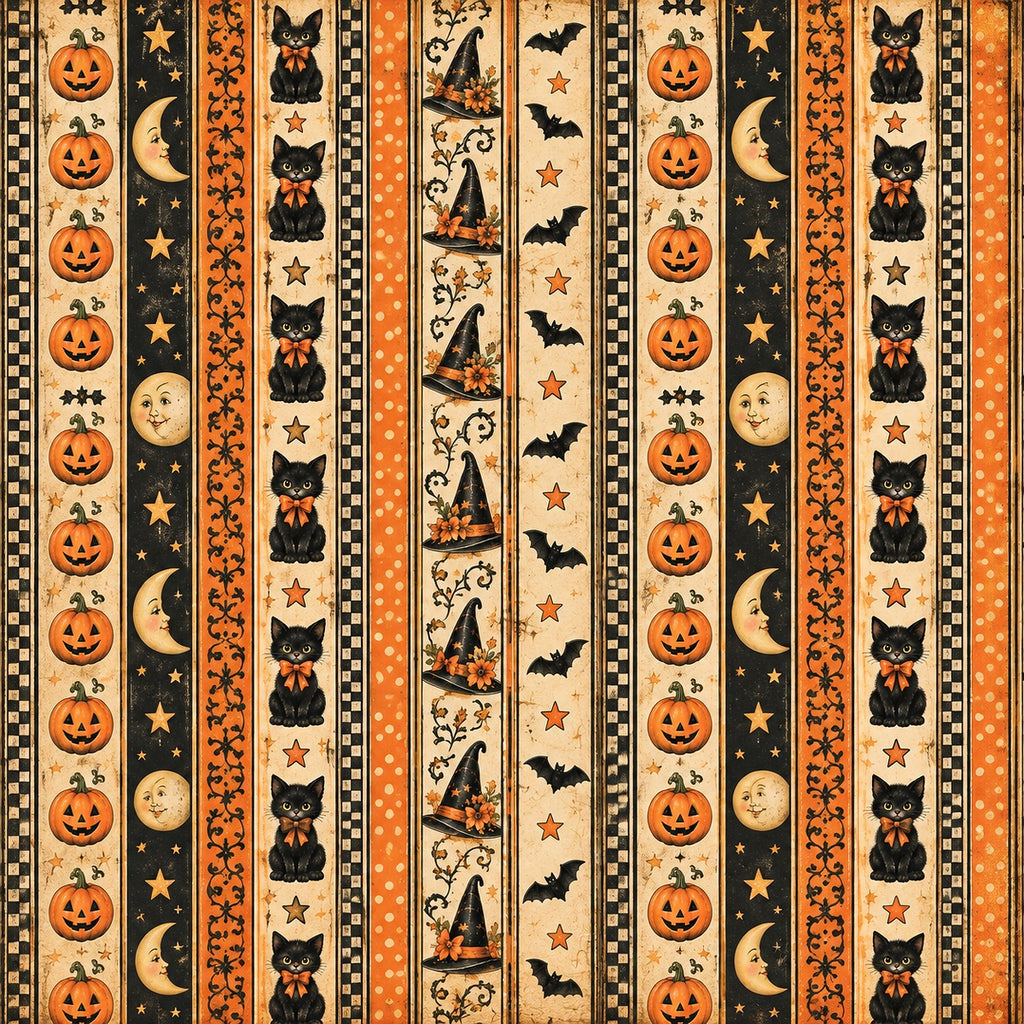 A repeating Halloween-themed pattern with vertical stripes featuring jack-o'-lanterns, black cats, witch hats, bats, crescent moons, stars, and orange decorative borders on a cream and black background.