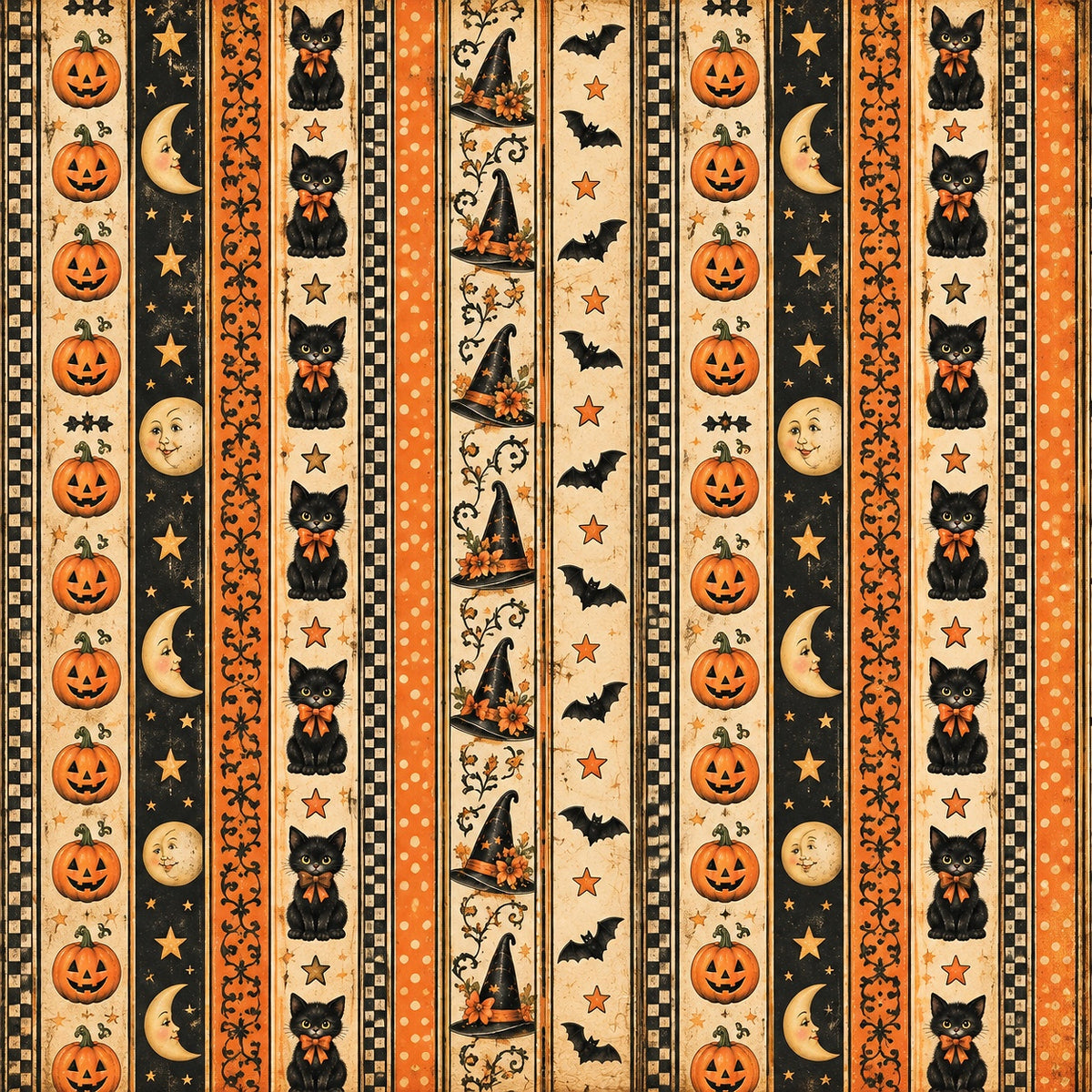 A repeating Halloween-themed pattern with vertical stripes featuring jack-o'-lanterns, black cats, witch hats, bats, crescent moons, stars, and orange decorative borders on a cream and black background.