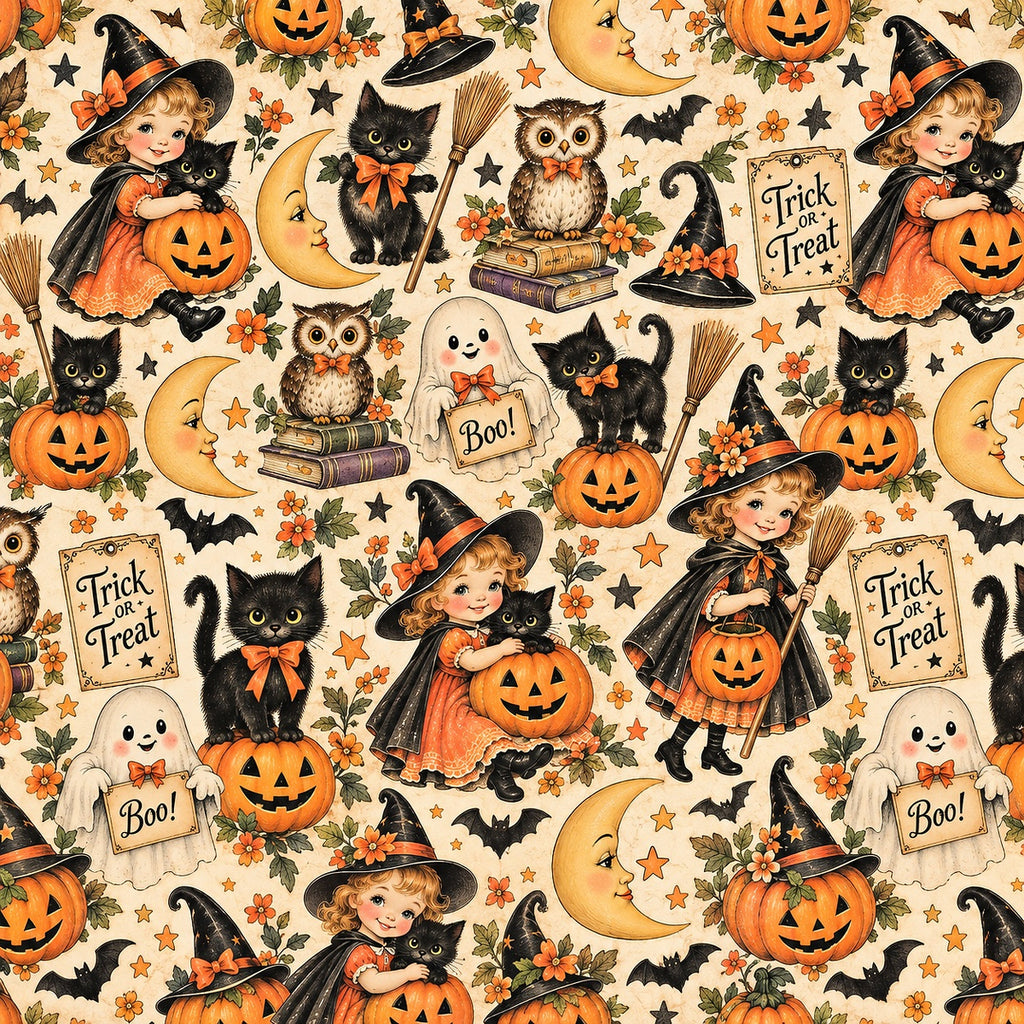 A repeating Halloween pattern on a cream background featuring illustrated children in witch hats holding jack-o'-lanterns, black cats, moons, bats, stars, ghosts, brooms, books, and 'Trick or Treat' signs.