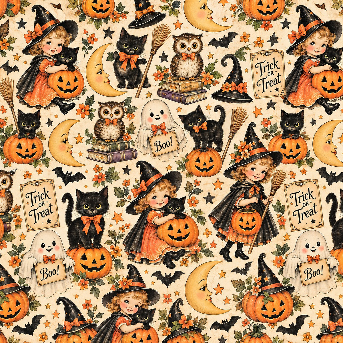 A repeating Halloween pattern on a cream background featuring illustrated children in witch hats holding jack-o'-lanterns, black cats, moons, bats, stars, ghosts, brooms, books, and 'Trick or Treat' signs.