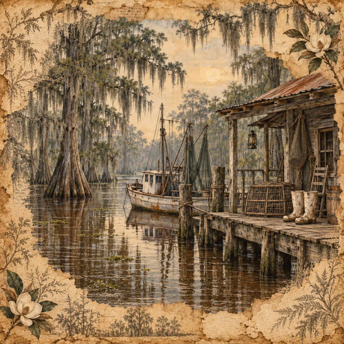 Louisiana Bayou with Subtle Magnolia Accents — 12×12 Printed Paper