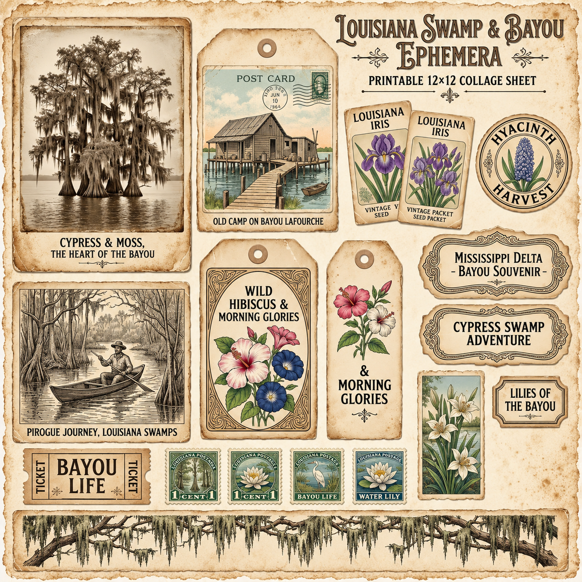 Louisiana swamp & bayou ephemera — Printed & Precut Ephemera Set