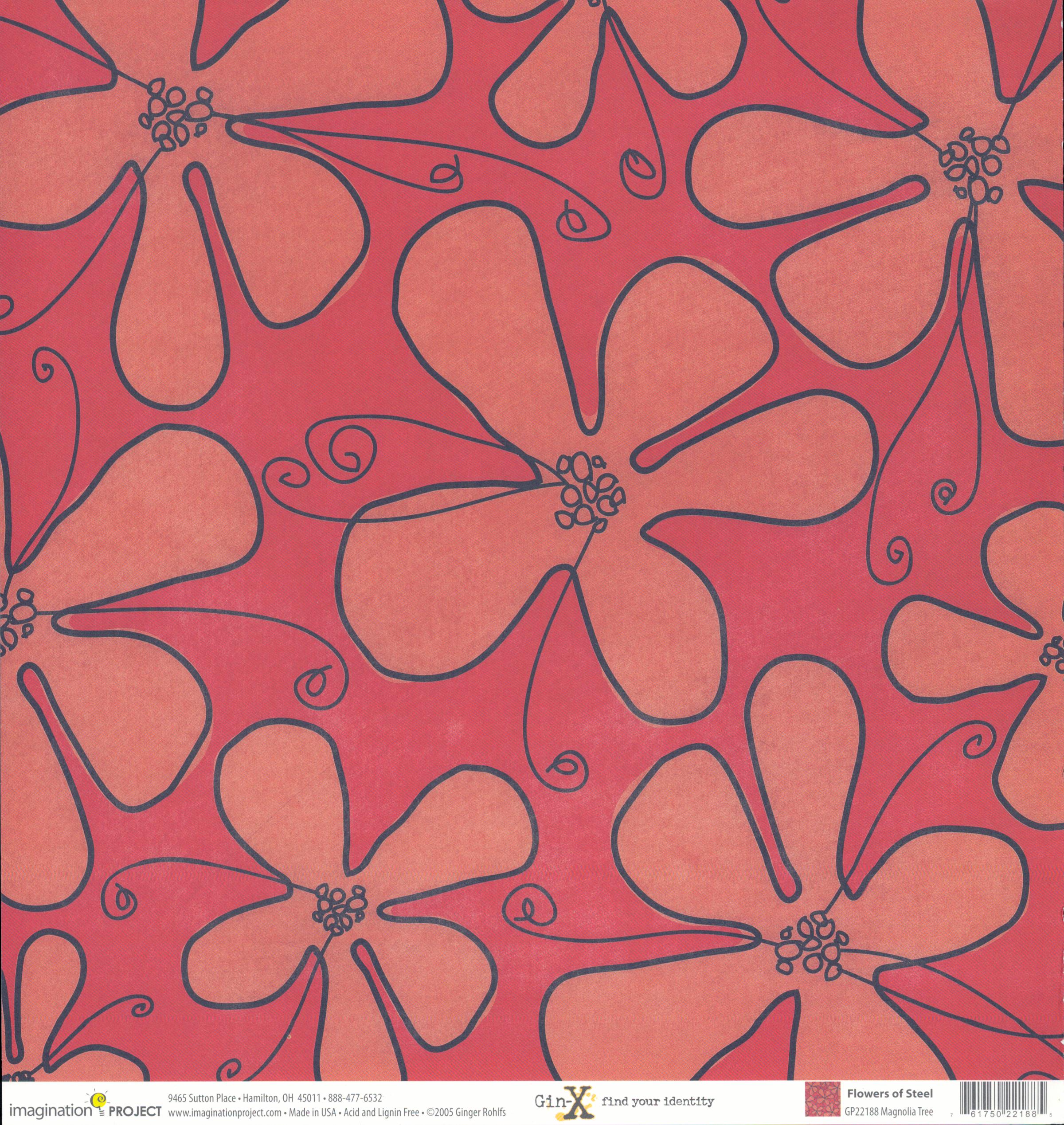Imagination Project Gin-X Flowers of Steel Magnolia Tree 12x12 cardstock — oversized magnolia flower outlines in dark charcoal navy on coral red background with peach salmon petals