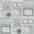 Design Originals Vintage Maps Maps on Script 12x12 scrapbook paper with antique game boards and Walker's England maps over flowing French cursive script in grey, blue and green