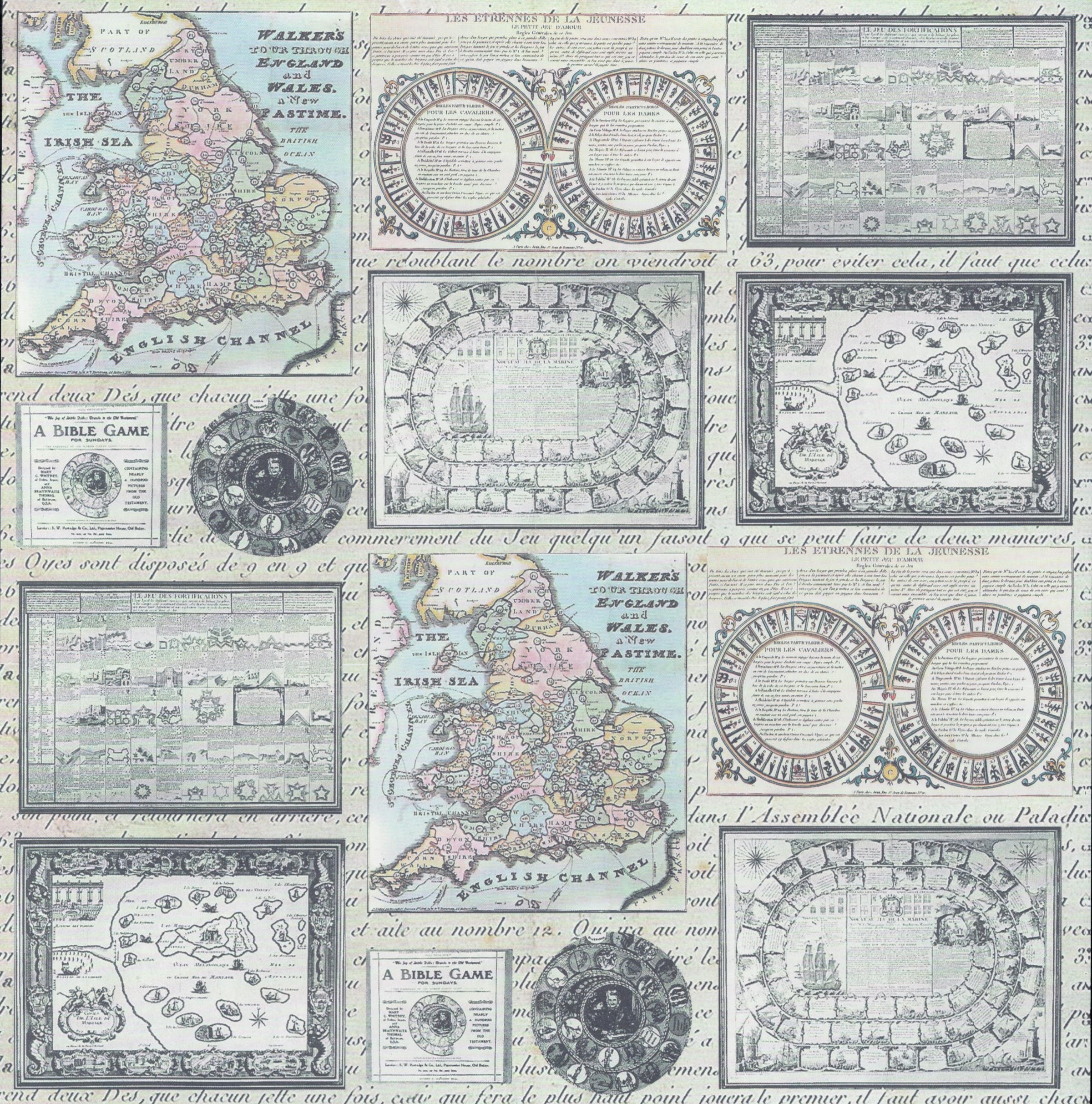 Design Originals Vintage Maps Maps on Script 12x12 scrapbook paper with antique game boards and Walker's England maps over flowing French cursive script in grey, blue and green