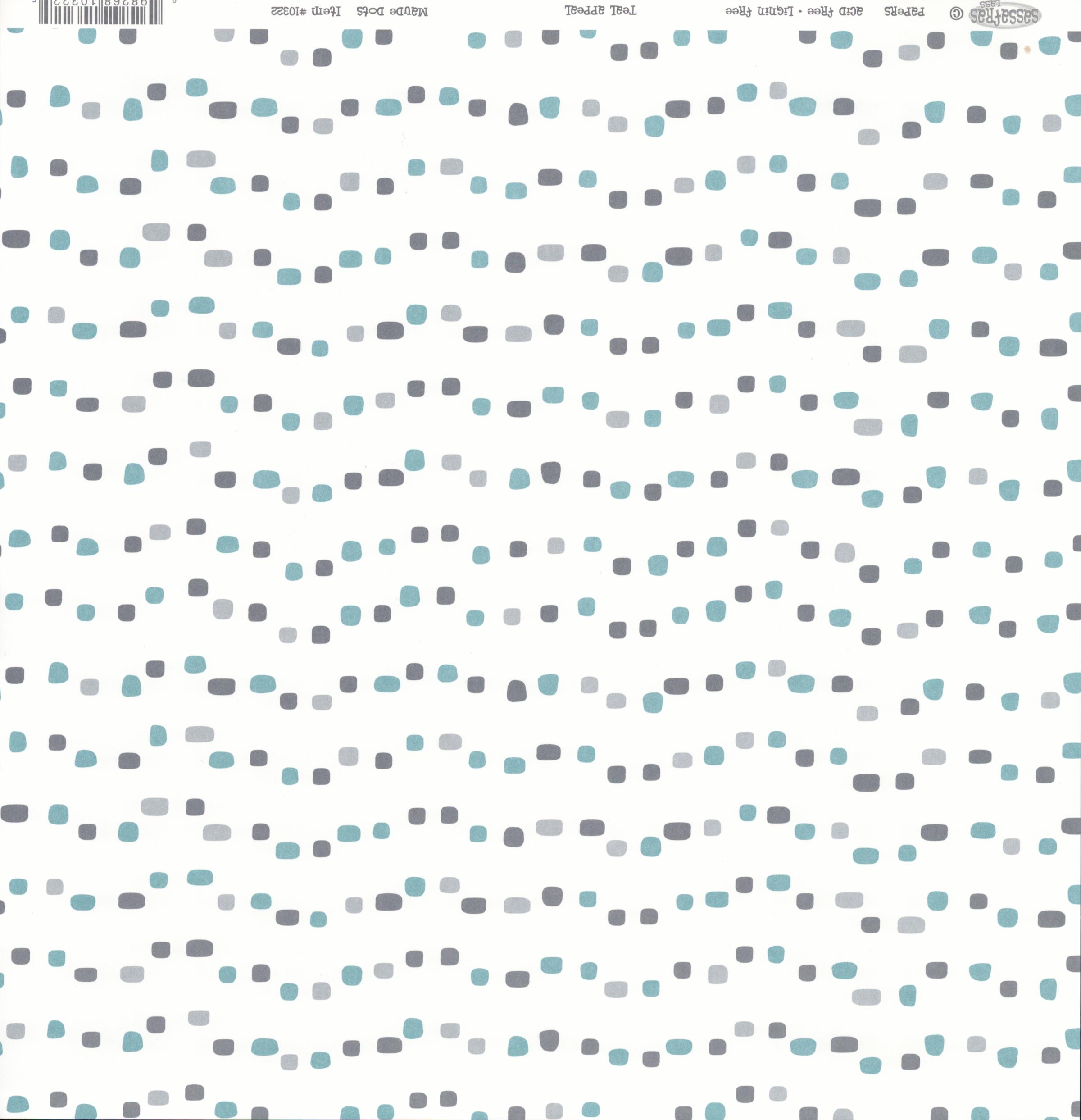 Sassafras Lass Teal Appeal Maude Dots cardstock with scattered rounded squares in teal, dark grey and light grey on white