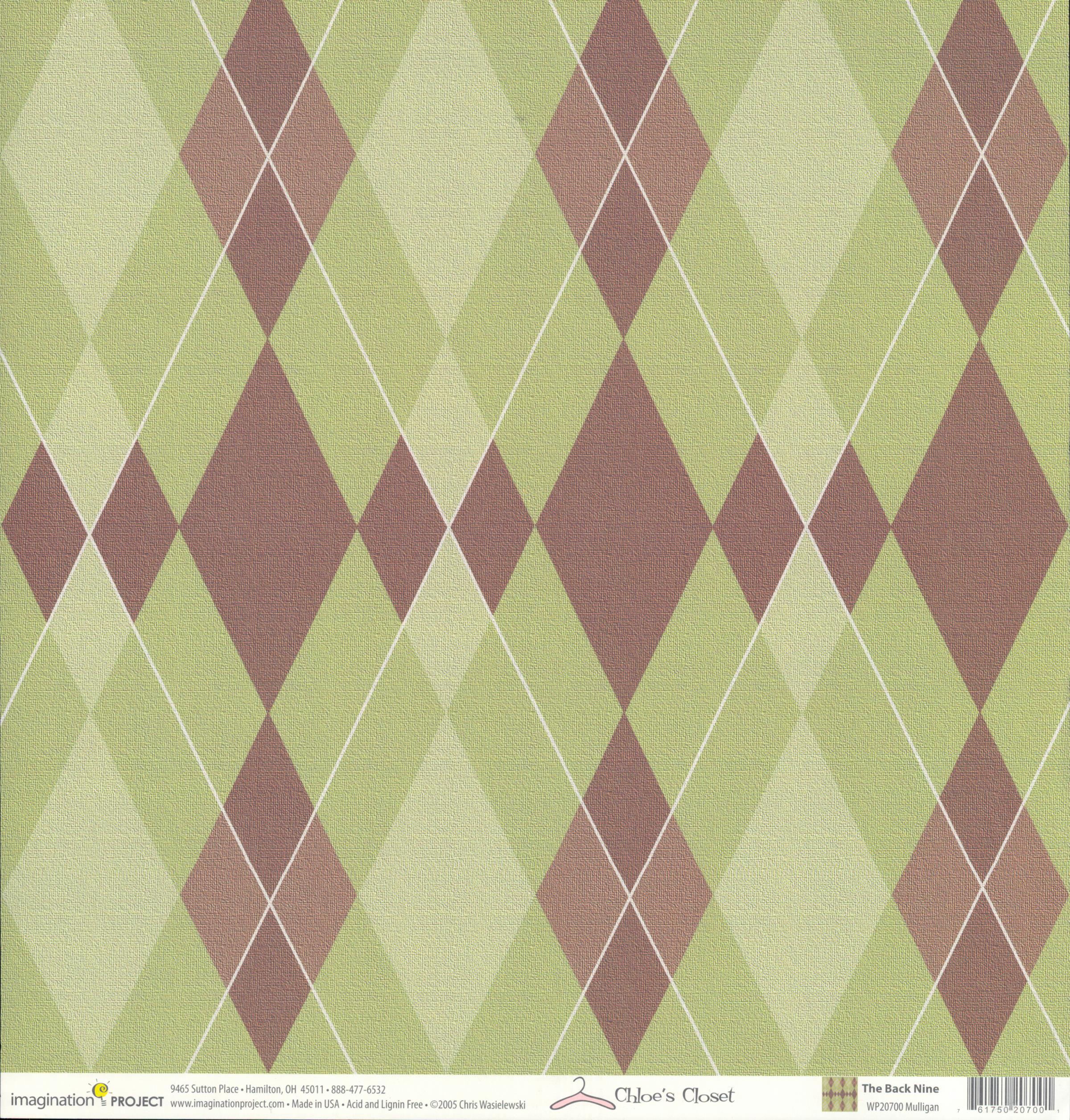 Imagination Project Chloe's Closet The Back Nine Mulligan 12x12 cardstock — large argyle harlequin diamonds in mauve dusty rose and sage green with white stitch lines