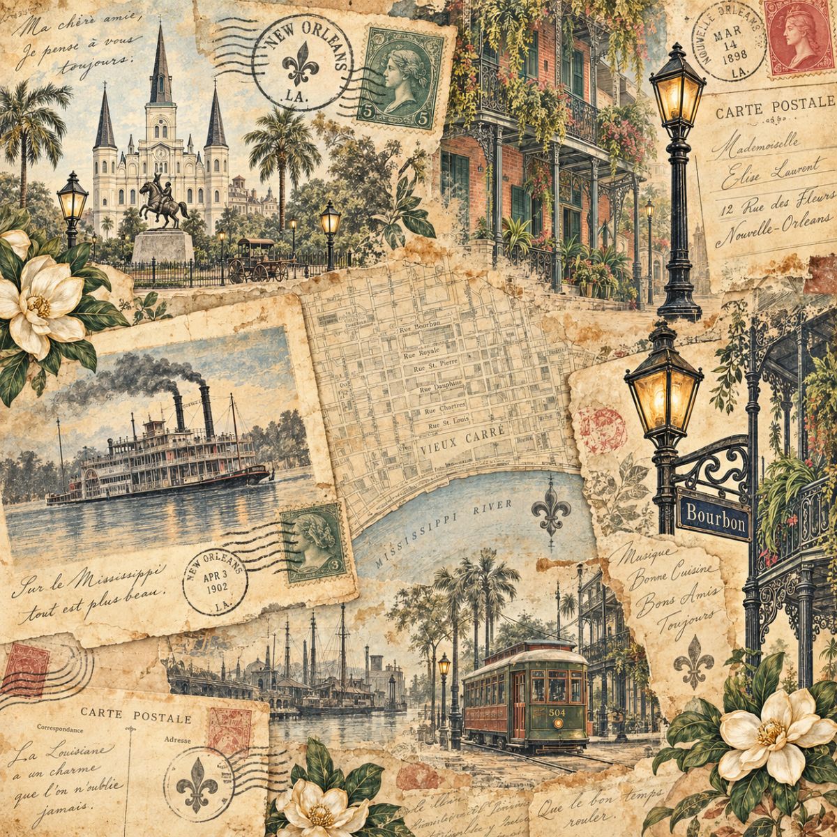 Vintage New Orleans Postcard Map Collage — 12×12 Printed Paper