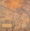 K&Company LJ Old World Map 12x12 scrapbook paper with Ortelius 1570 Americae Sive Novi Orbis Nova Descriptio reproduction in burnt orange and golden amber with sailing ships and griffins
