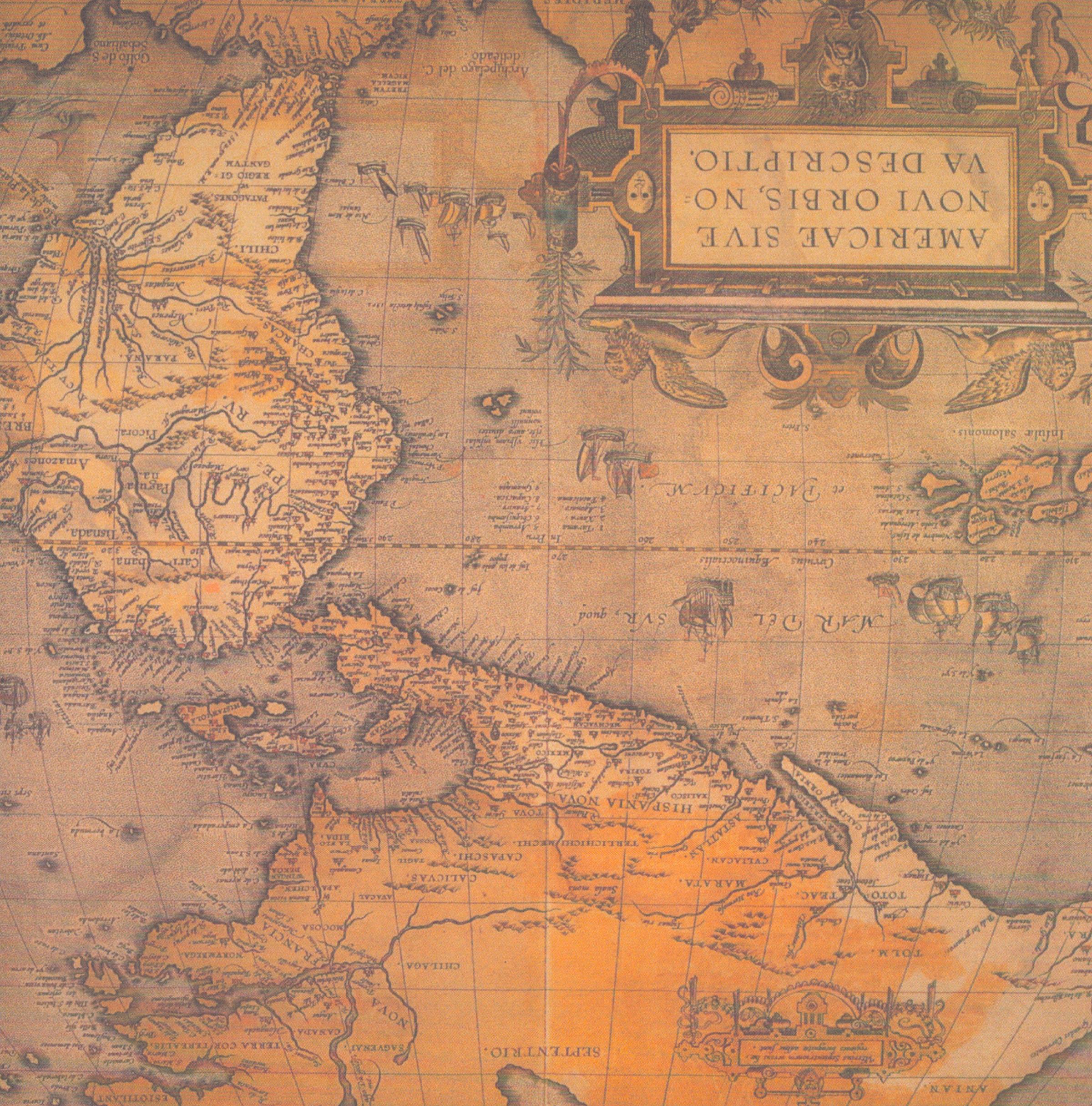 K&Company LJ Old World Map 12x12 scrapbook paper with Ortelius 1570 Americae Sive Novi Orbis Nova Descriptio reproduction in burnt orange and golden amber with sailing ships and griffins